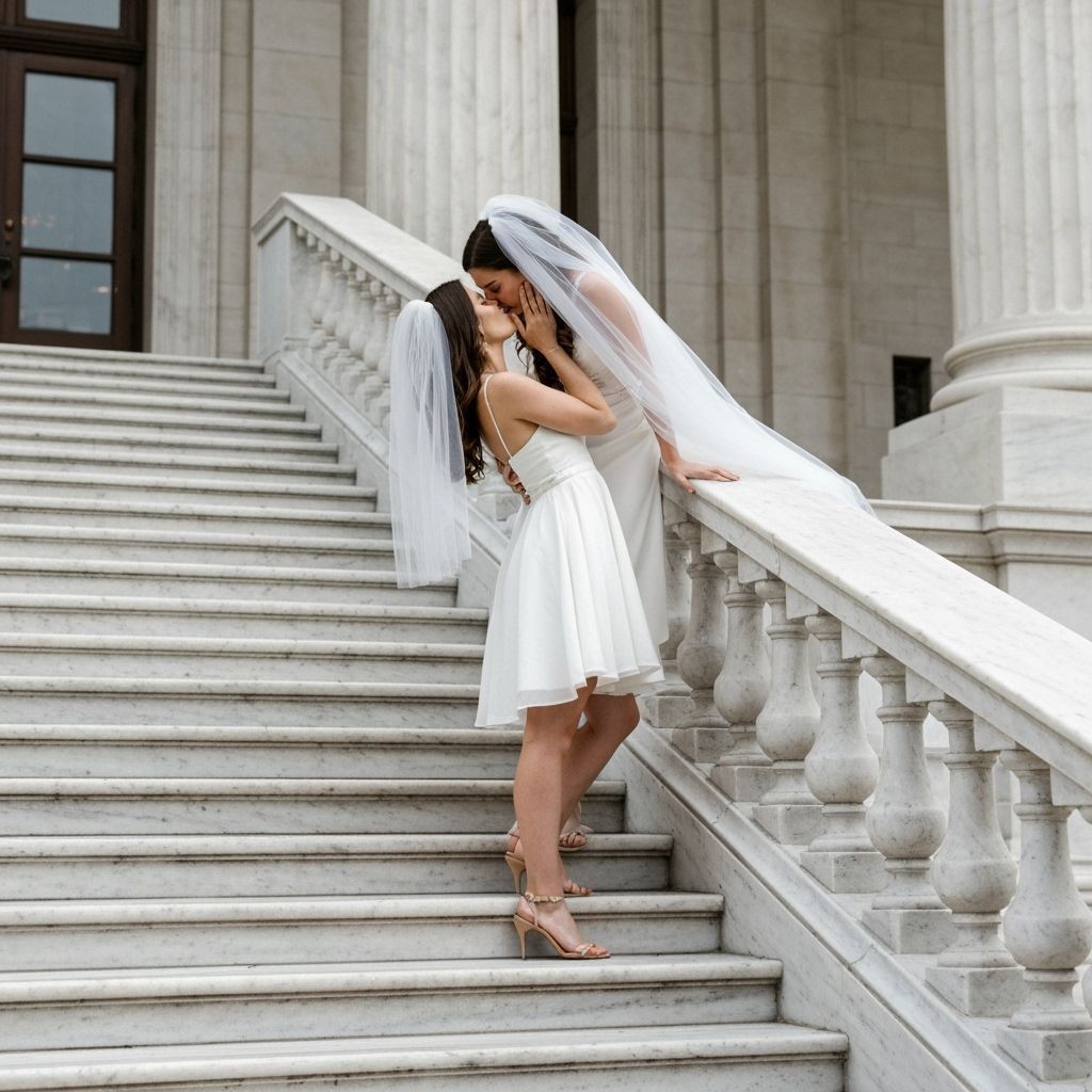 Passionate Bride Kiss on Neoclassical Steps