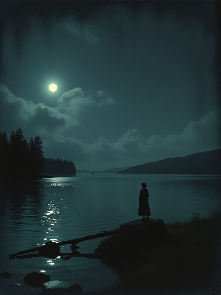 Night Lake with Transparent Layers in Symbolist Style