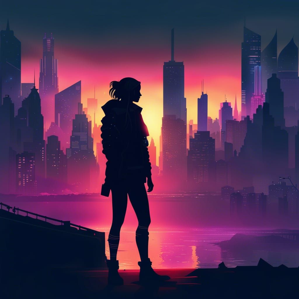 Cyberpunk Cityscape Silhouette: 8k Digital Art