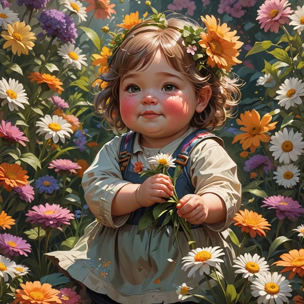 Happy Toddler Picking Flower, Art Nouveau Portrait