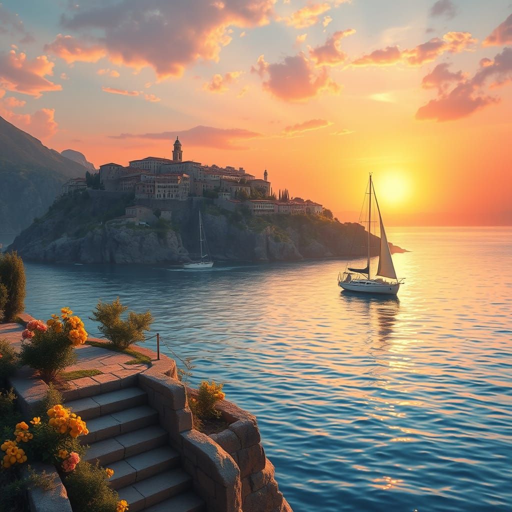 Impressionist Cliffside Landscape with Medieval Town and Blo...