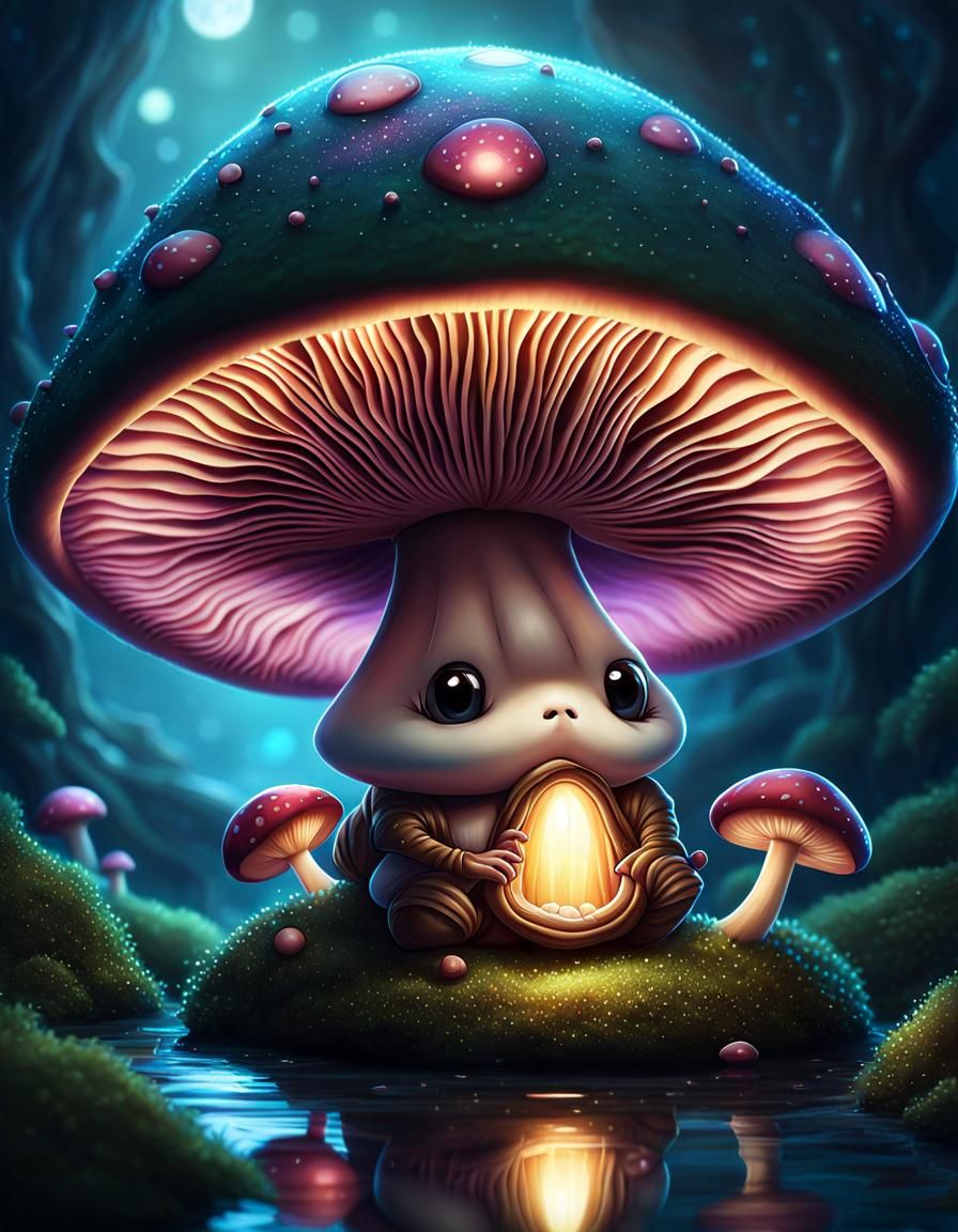Chibi Mushroom Wizard in Dark Fairy Tale Style