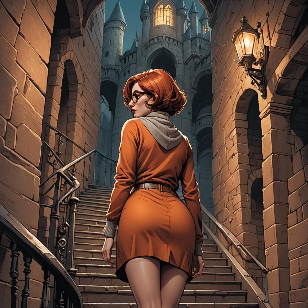 Comic Book Woman Climbing Haunted Castle Staircase