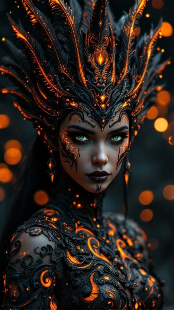 Regal Dark Empress with Vibrant, Molten Orange Armor