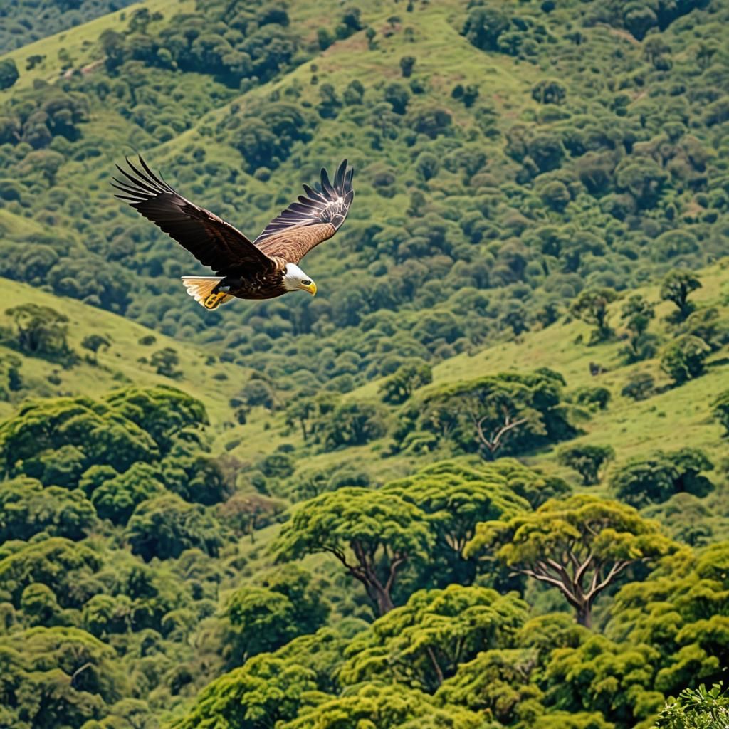 Eagle in Flight Over Lush African Mountains