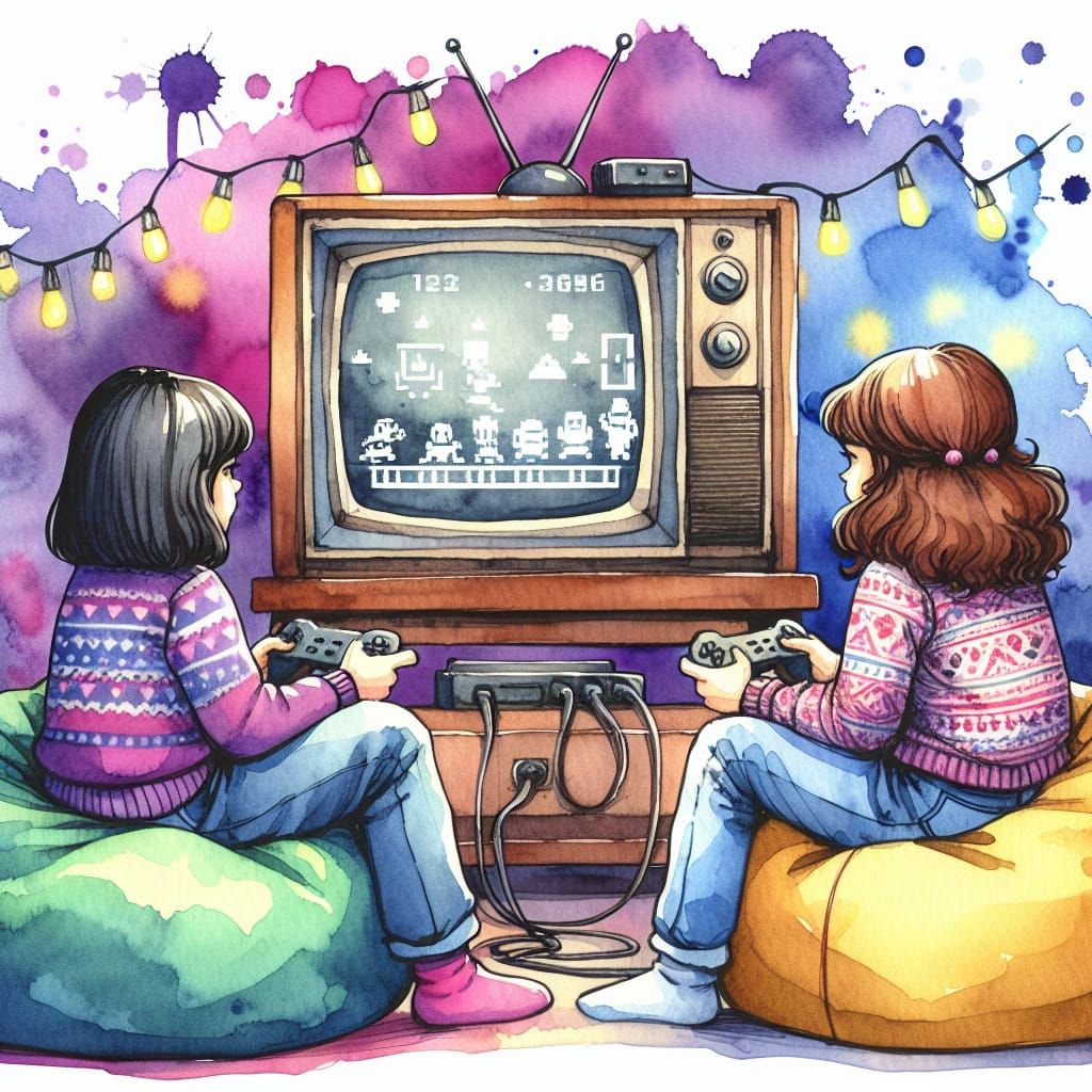 2 sisters sitting facing an old tube playing retro video gam...