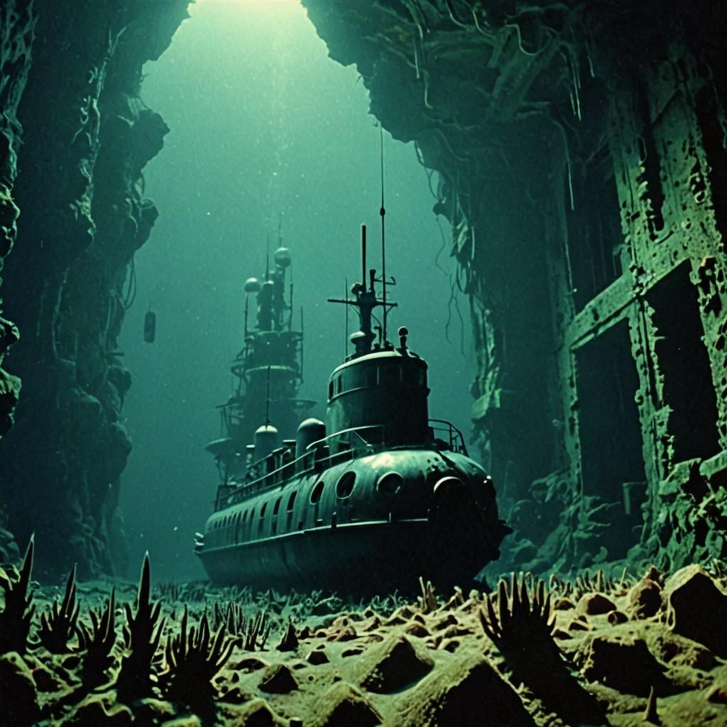 Underwater Temple Dreamcore Submarine in Retro Style