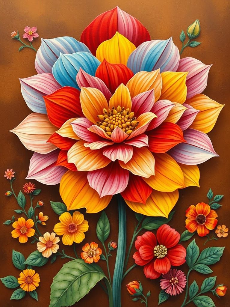 Vibrant Floral Tapestry in Muted Brown Background