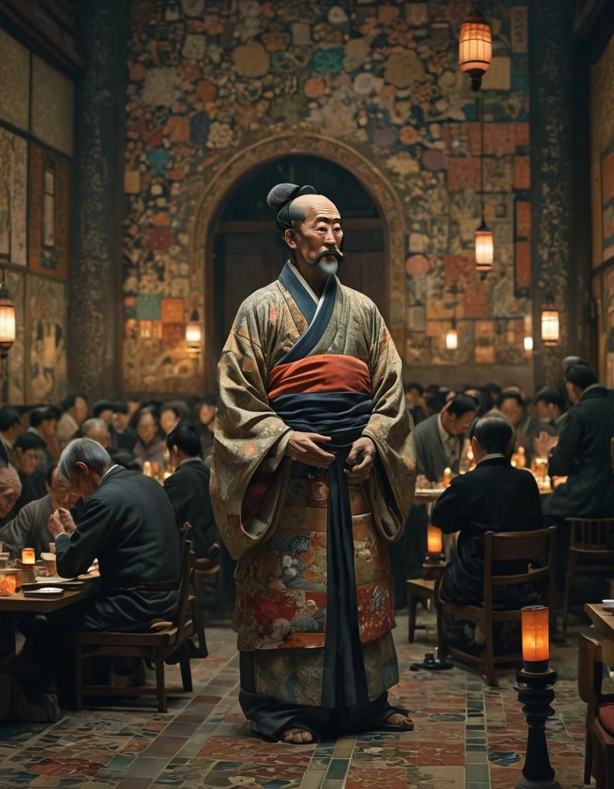 Grand Figure Surrounded by Risen Diners in a Vibrant, Dreamy...