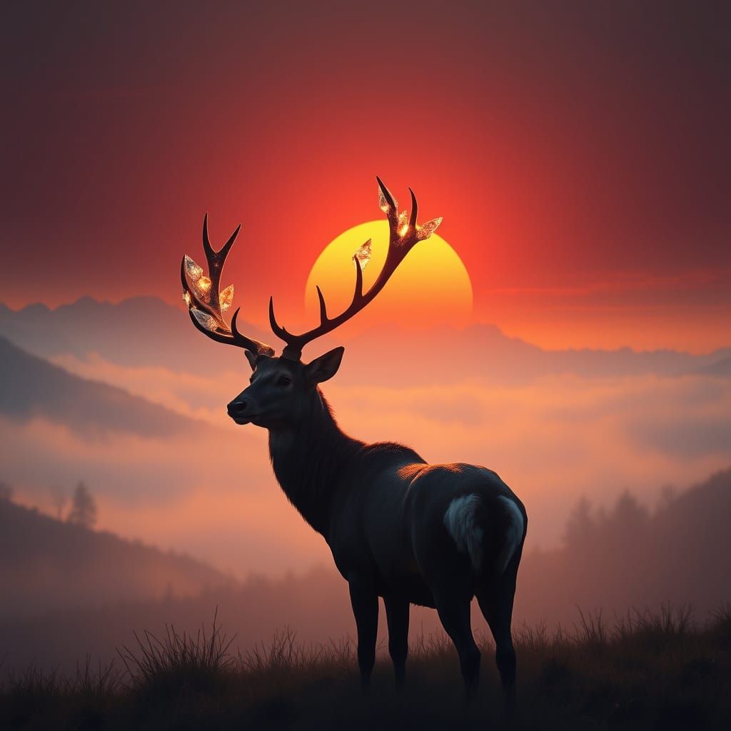 Majestic Stag in Hyperrealistic Sunrise Landscape