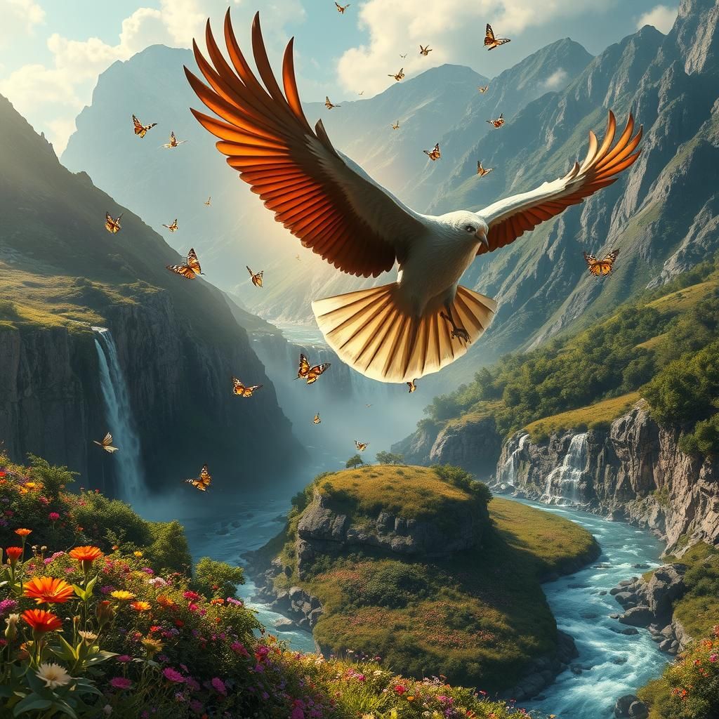 Bird and Butterflies Over Wildflower Mountain Waterfall