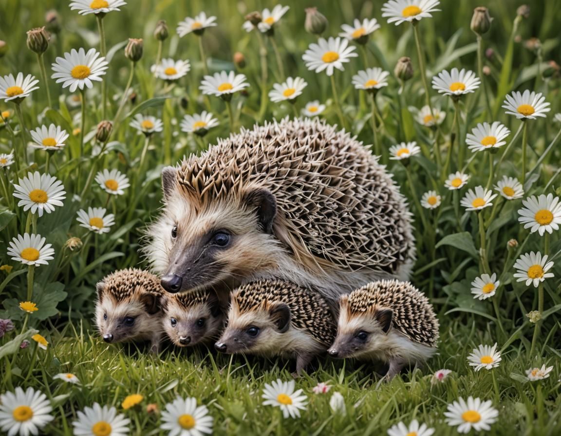Hedgehog Family in a Daisy Field