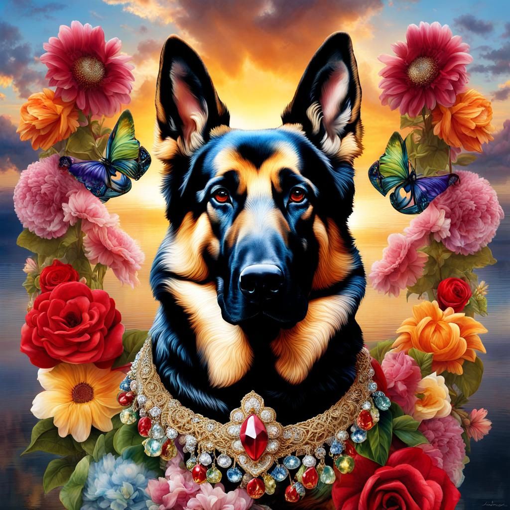 Hyperreal German Shepherd in Venetian Carnival Costume