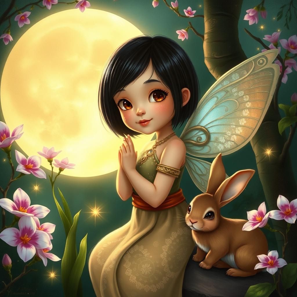 Thai Fairy with Rabbit Beside Moon in Mystical Forest