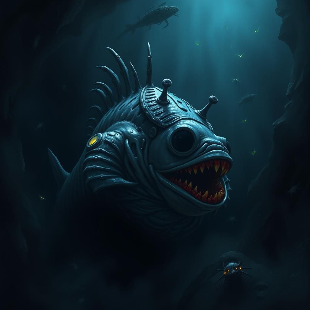 Colossal Anglerfish in Dark Abyss, Gothic Style