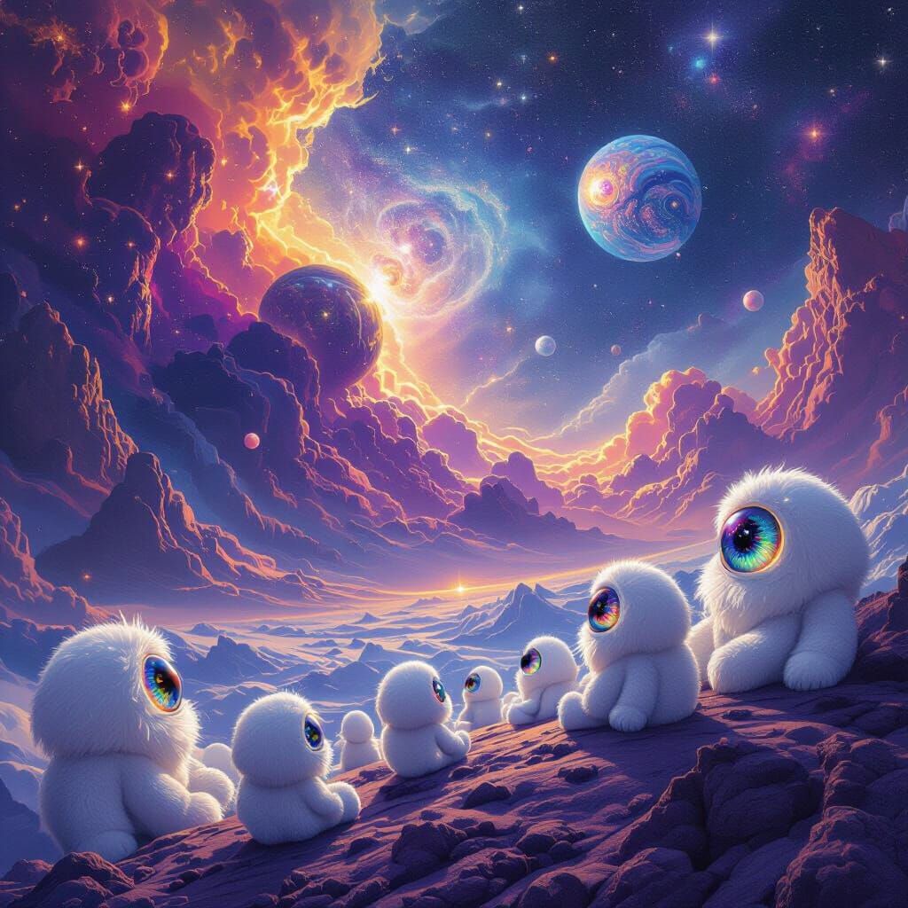 Surreal Psychedelic Space Scene with Plush Aliens