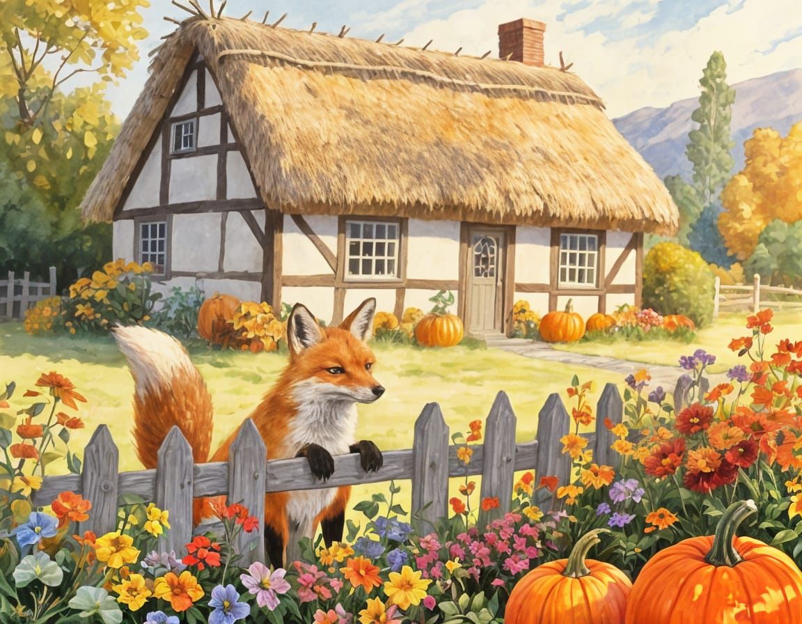 Autumn Fox in Idyllic Countryside Garden