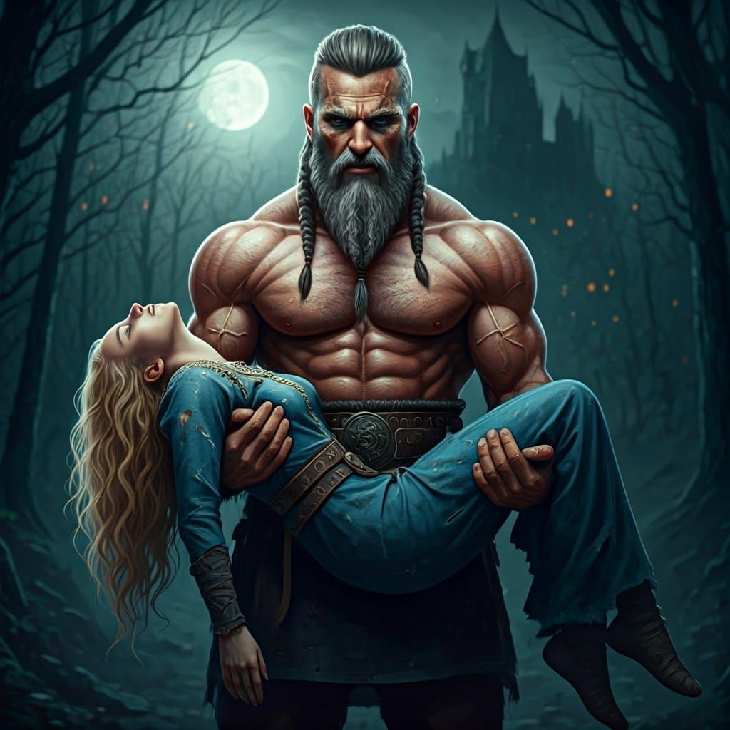 Viking Chieftain Carries Woman in Moonlit Forest