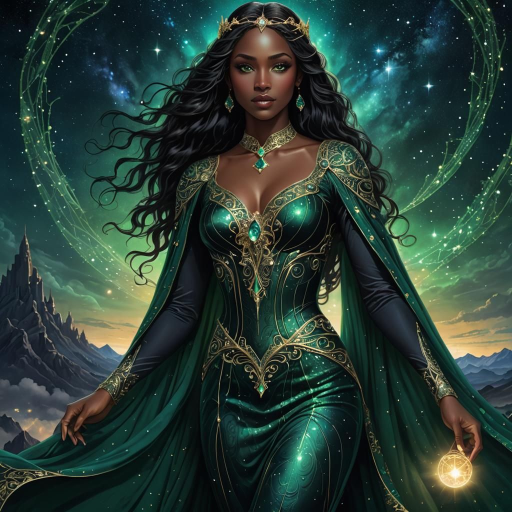 The ebony Priestess with bright blue eyes appeared in a long...