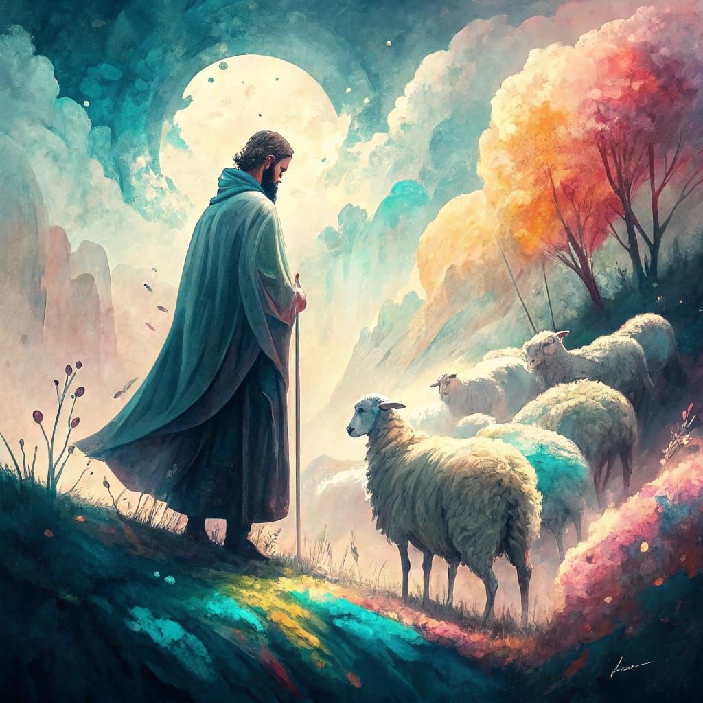 The Good Shepherd Surrealistic Watercolor