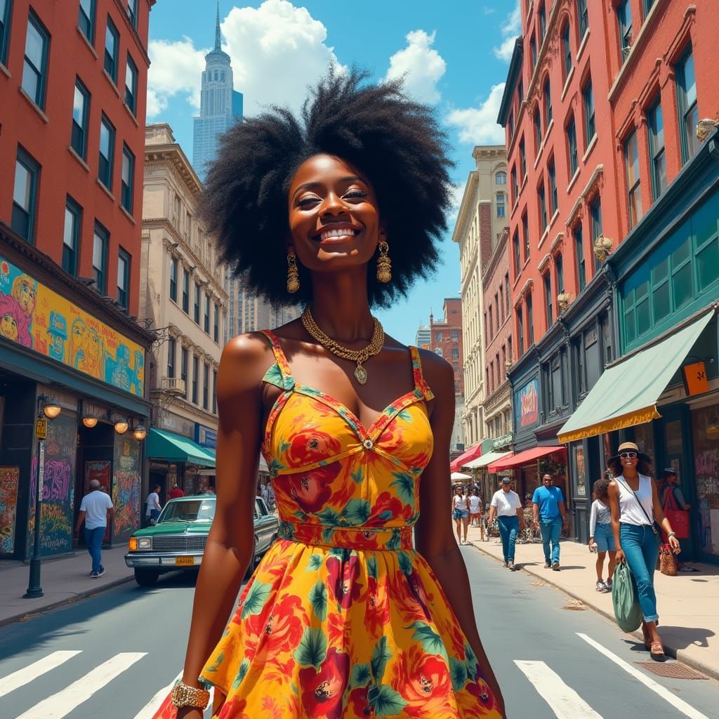Vibrant City Street Scene with African American Woman in Col...