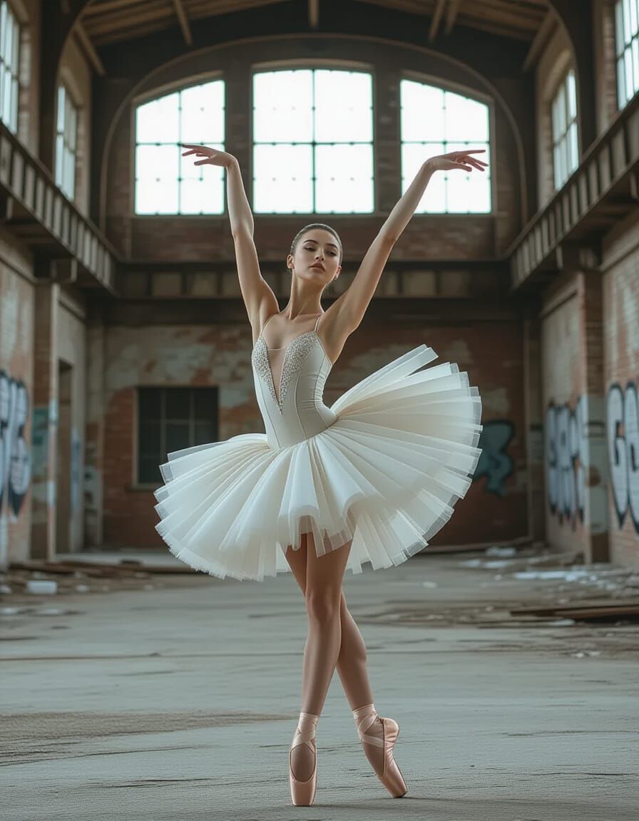 Ballerina Posed in Derelict Warehouse, HDR Photo