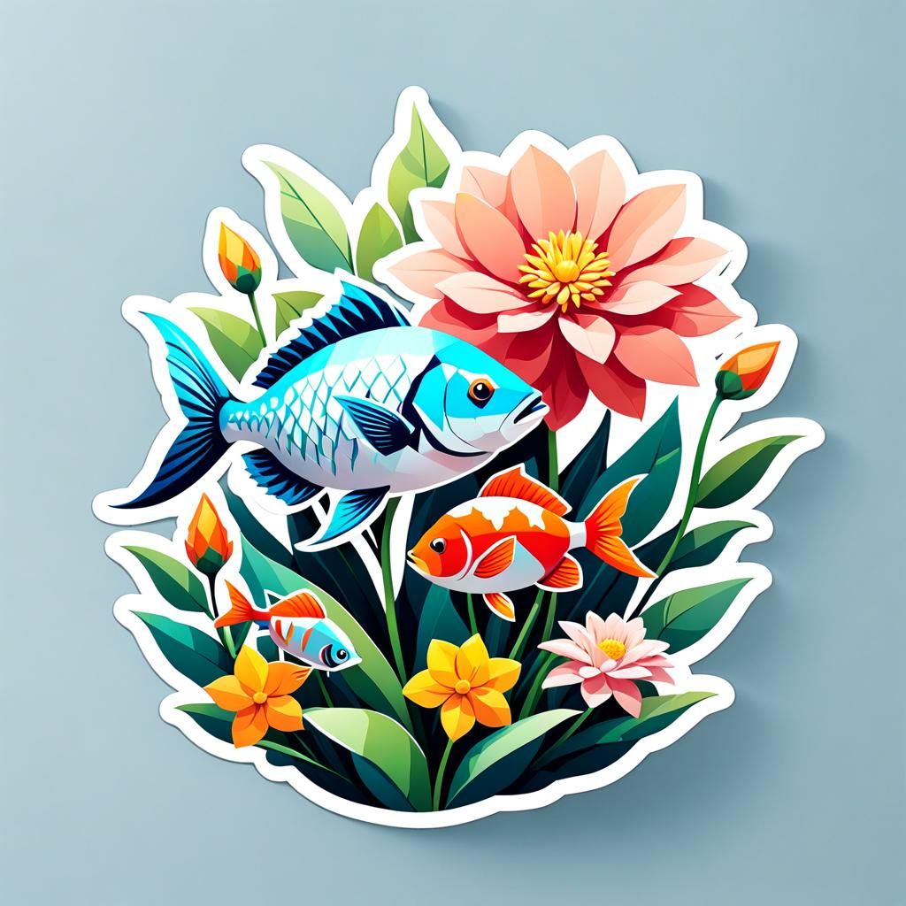 Low Poly Fish and Flower Sticker Design