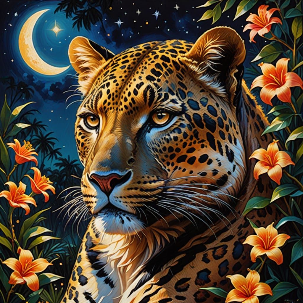 Leopard in Luminous Lily Garland on Tropical Beach at Night