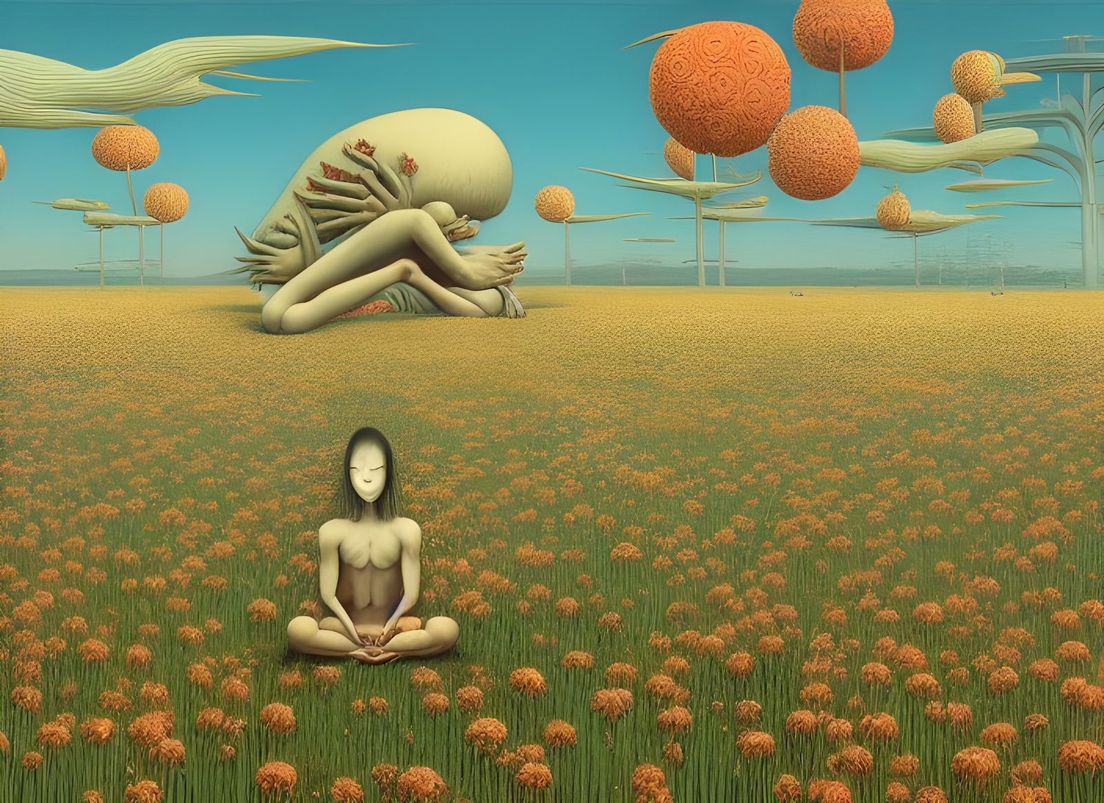 Gigantic Meditating Human in Flower Field