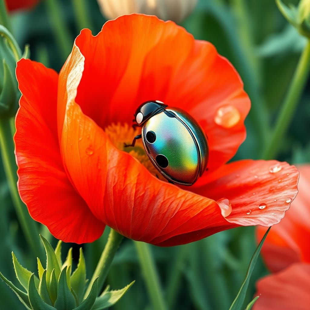 Ladybug on a Vibrant Poppy in Whimsical Watercolor Style