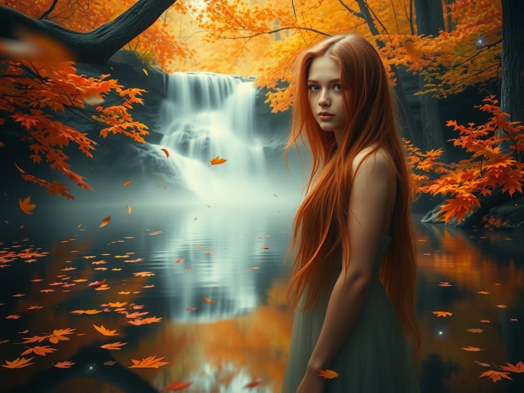 Ethereal Autumn Goddess Beside Waterfall in Enchanted Forest