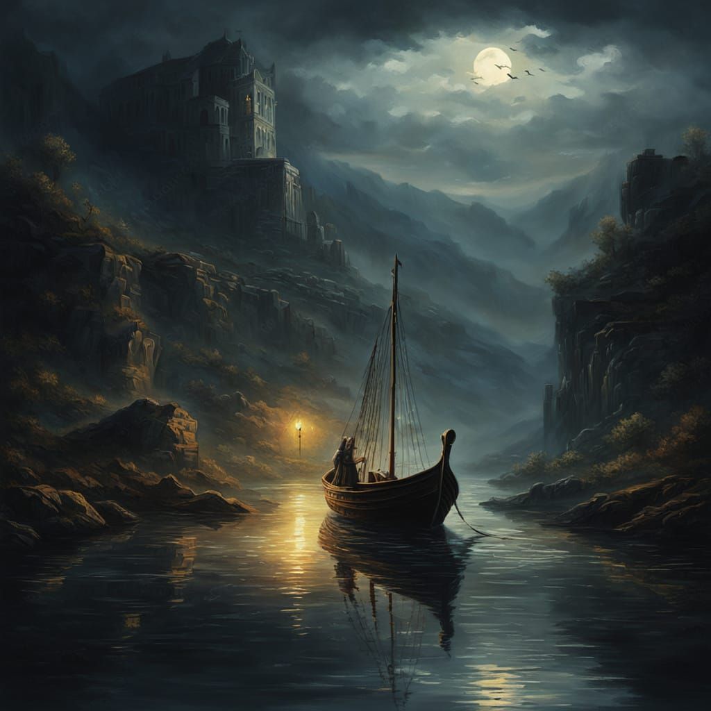 Eerie Boat Crossing the River Styx
