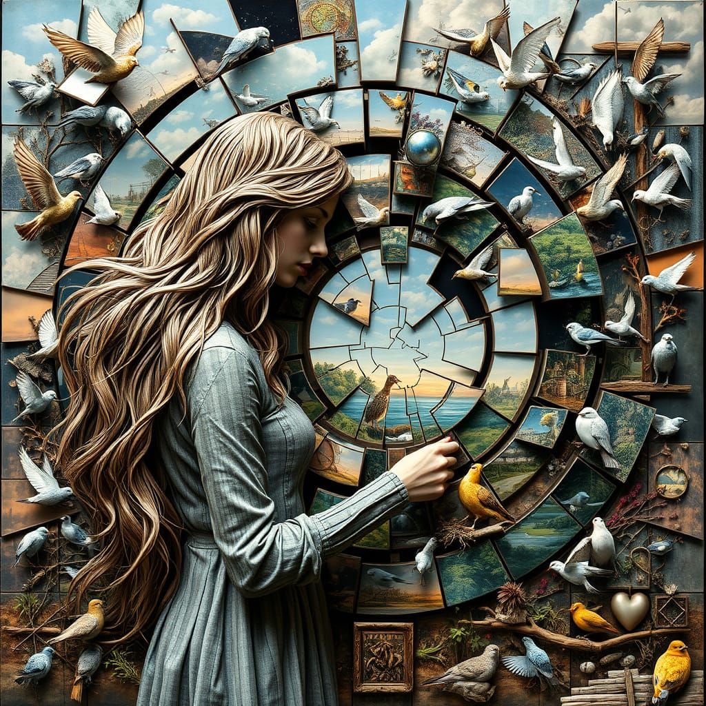 Surreal Fragmented Sculpture with Central Figure and Mirrors