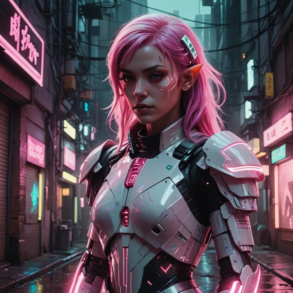 Cyborg Elf in Retrofuturistic Synthwave Alleyway