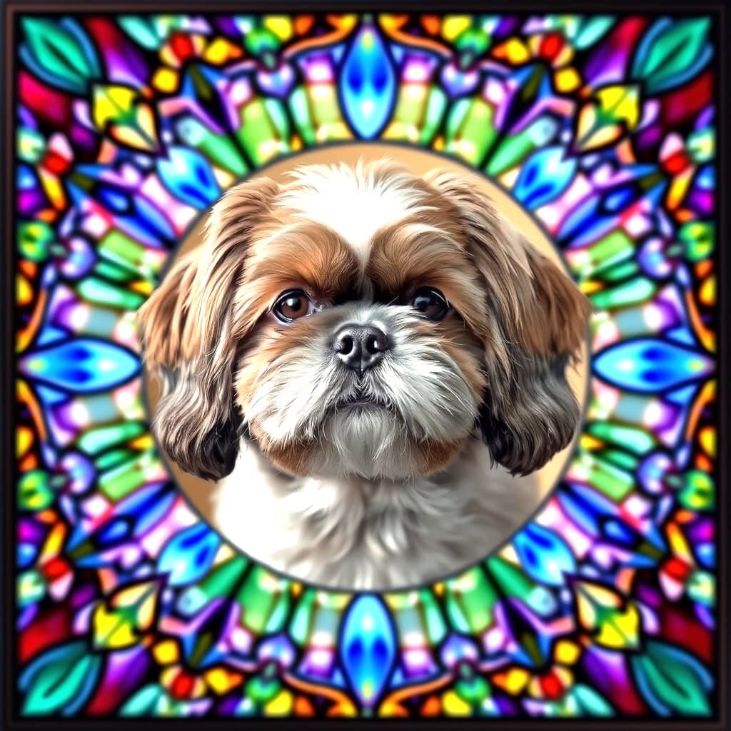 Realistic Shih Tzu Portrait in Vibrant Stained Glass