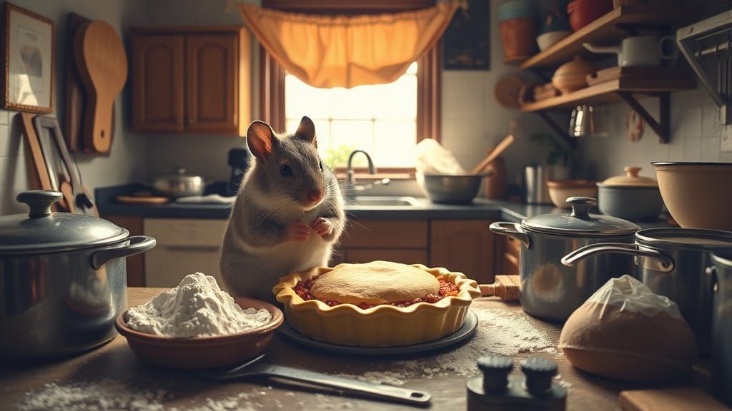 A mouse works meticulously assembling a miniature pie from f...