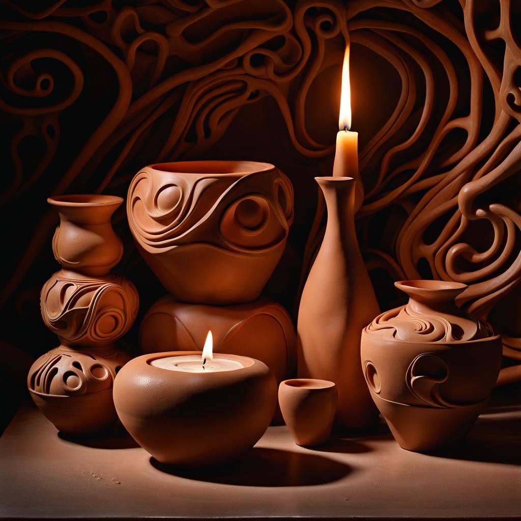 Ornate Clay Pottery with Candle, Hyperrealistic Detail
