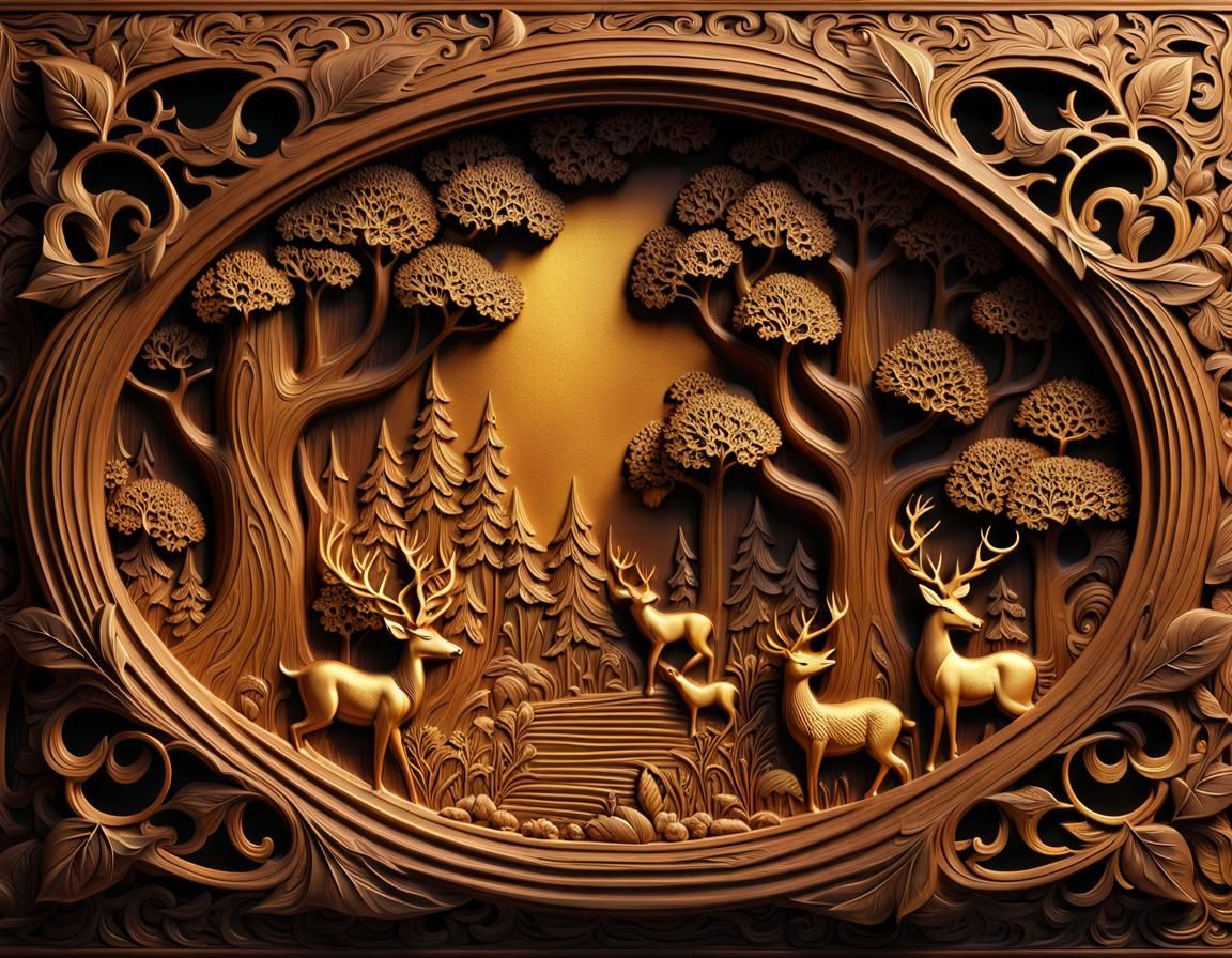 Detailed Wooden Relief Carving of Forest Scene