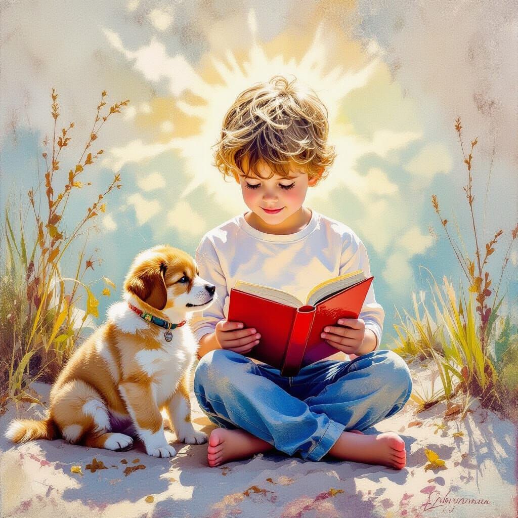 Boy Reads to Puppy in Metamodern Style