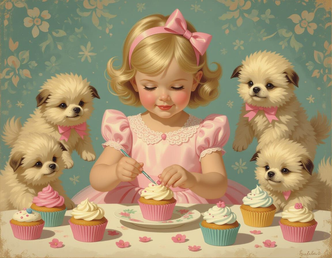 Girl Decorating Cupcakes in Whimsical Vintage Style