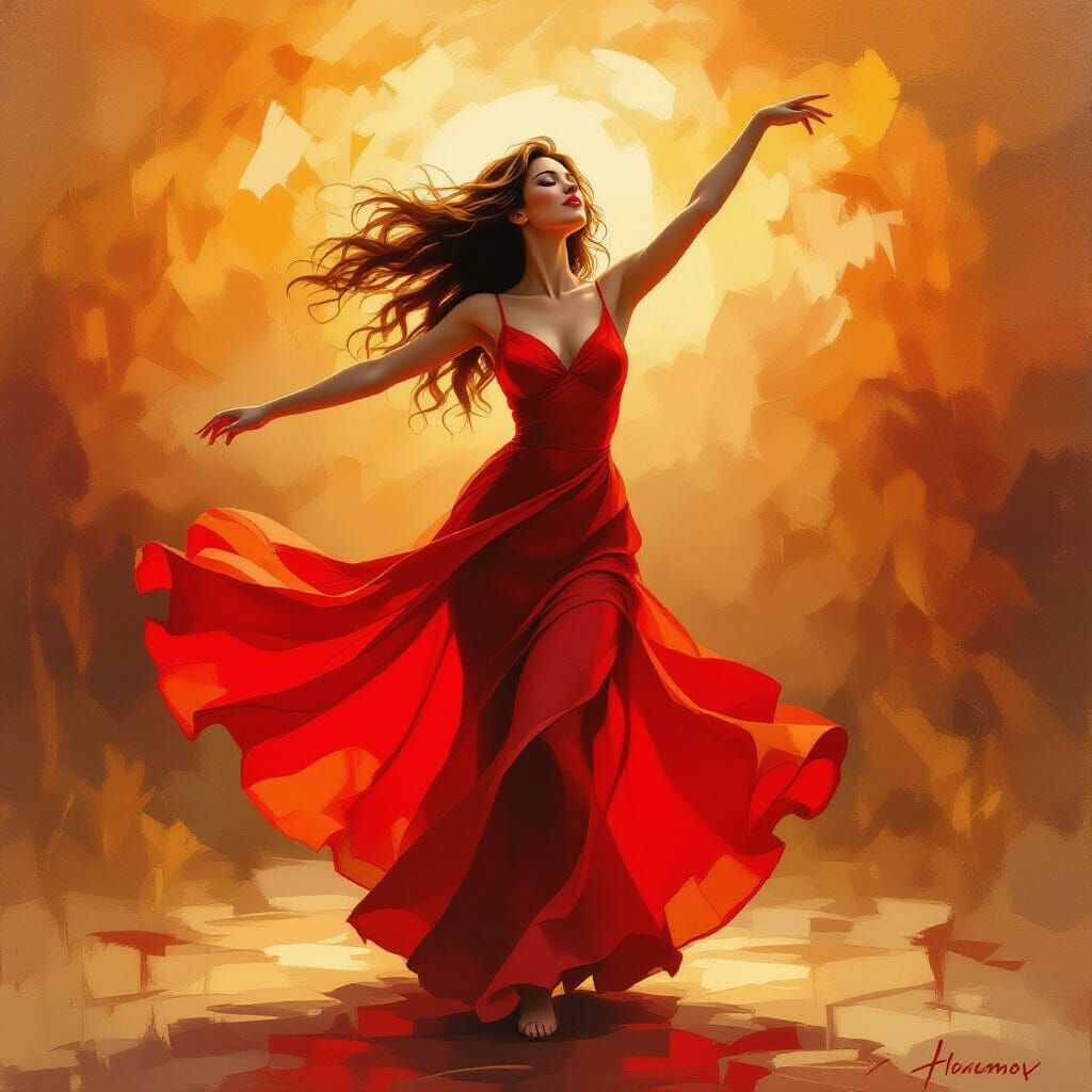 Joyful Muse Dancing in Vivid Red Dress