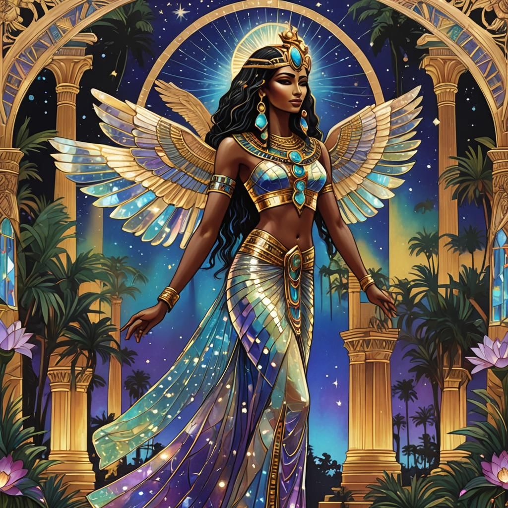 Winged Egyptian Goddess Dancing in Crystal Temple