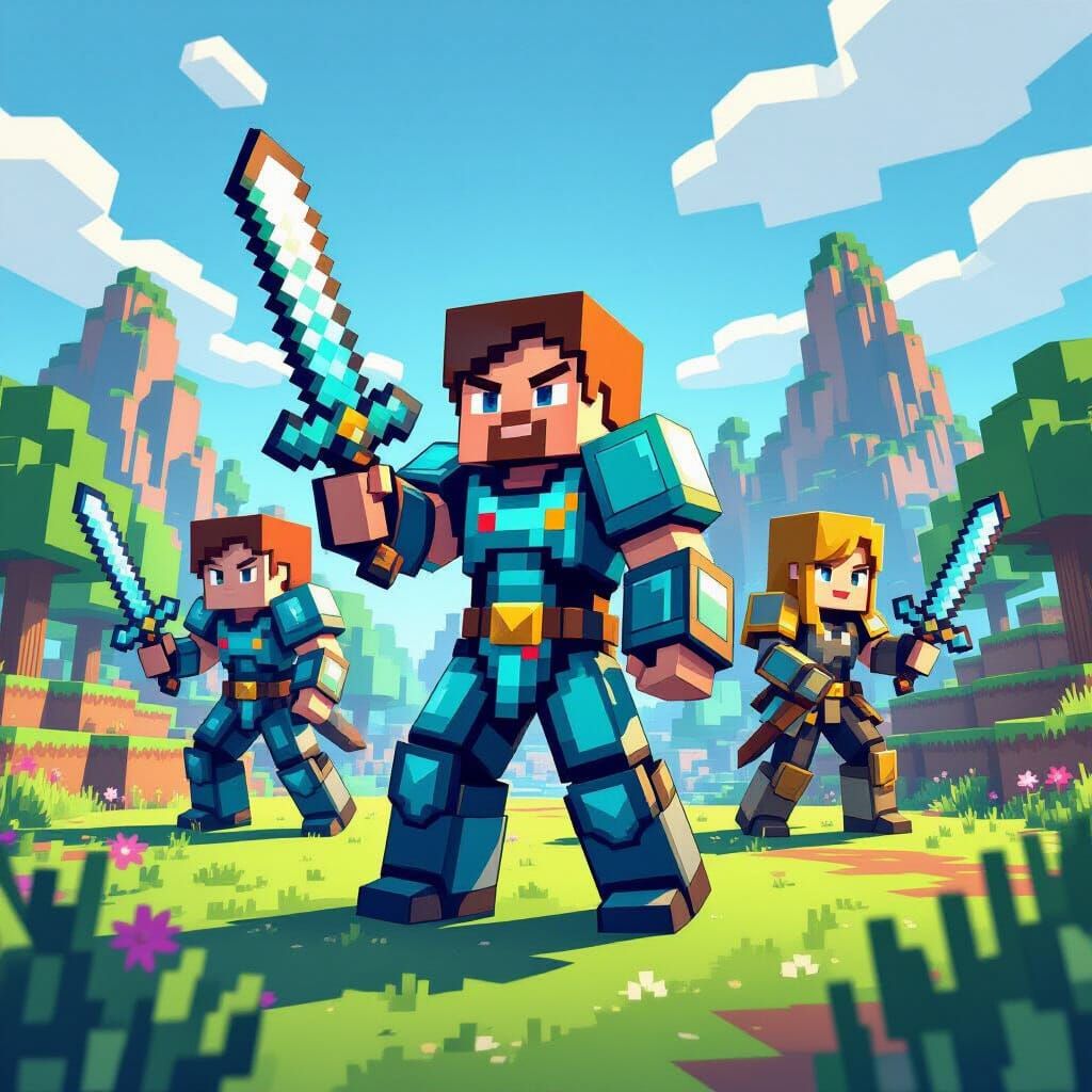 Minecraft Characters in Pixelated Landscape