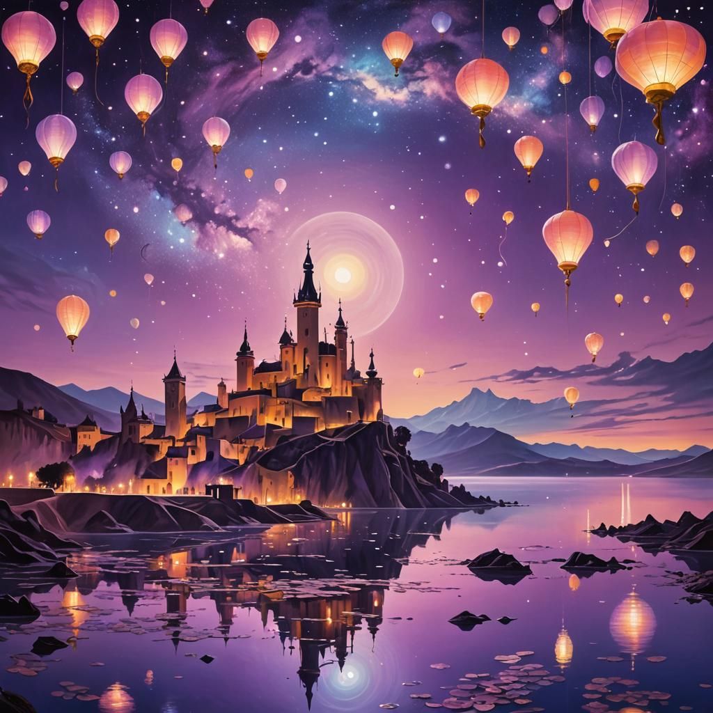Surreal Dreamscape with Crystalline Towers and Starry Lake