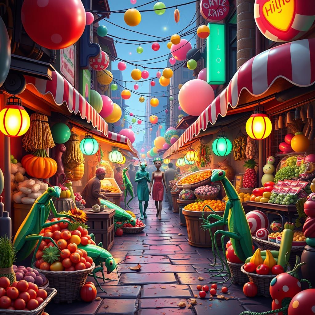 Alien Insect Merchants Selling Glowing Candy Produce