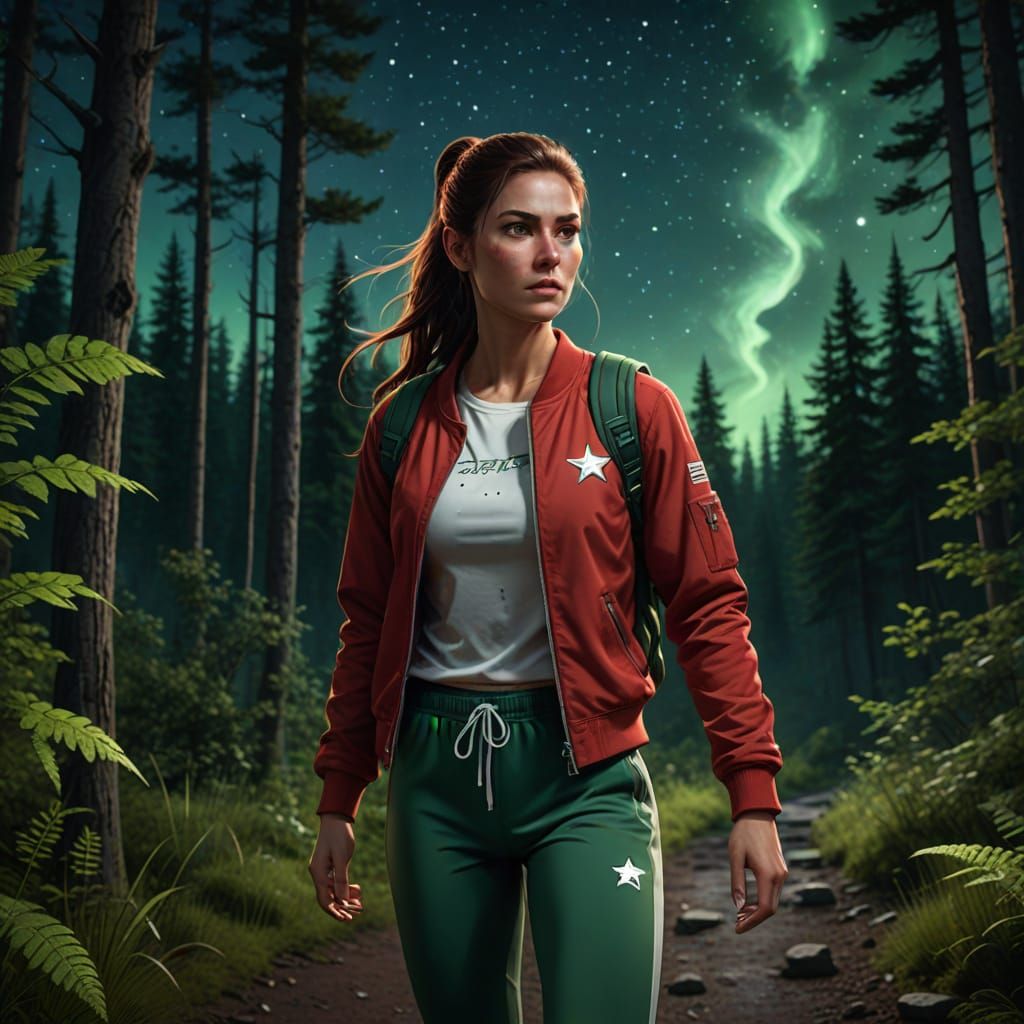 Fantastical Woman Surrounded by Starslit Forest in Deep Colo...