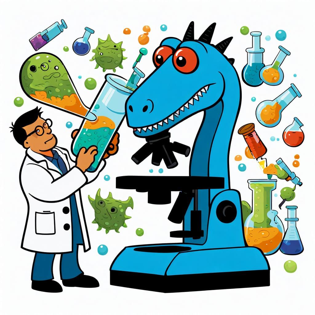 Zany Scientist Examines Mini-Dinosaurs Under Comical Microsc...