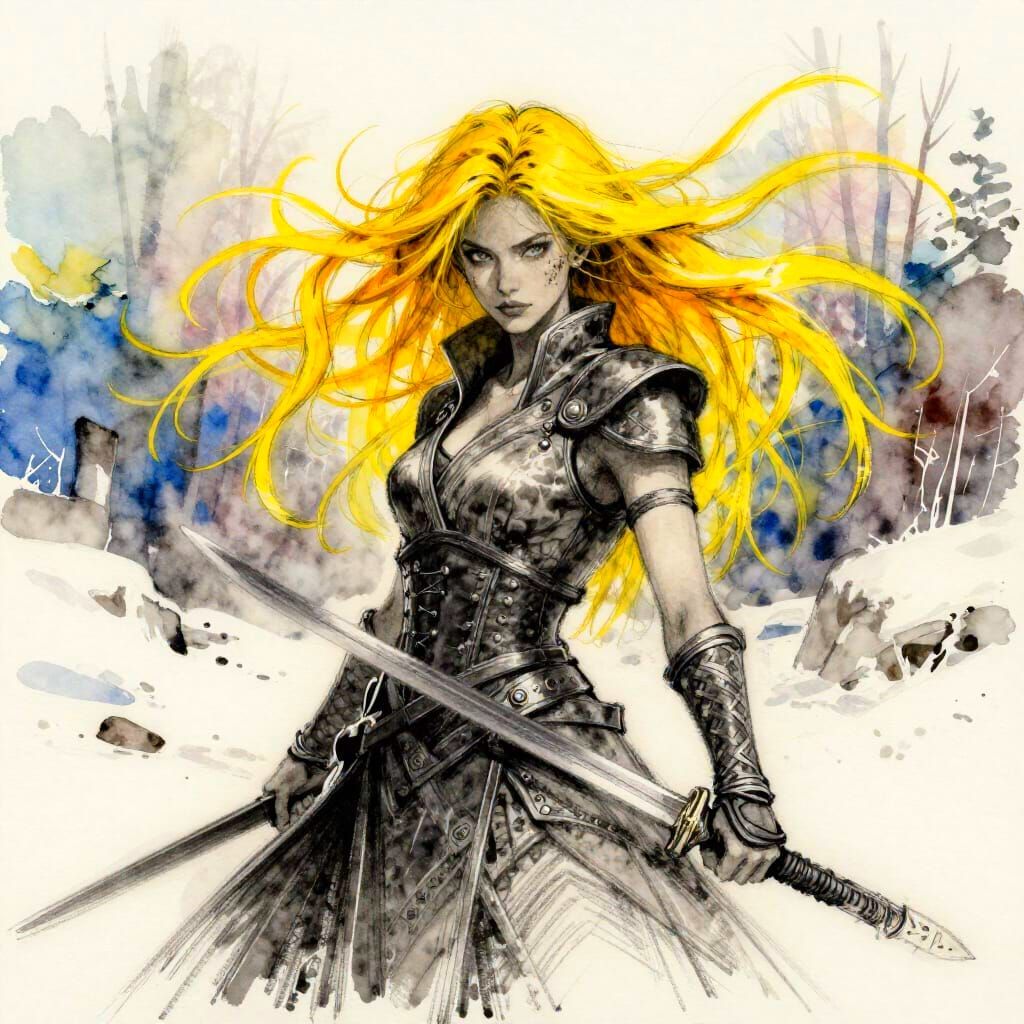 Bride Sword Assassin Sketch in Watercolour and Charcoal