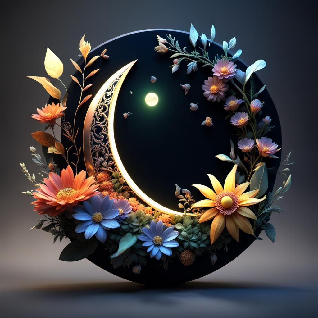 Abstract Sun and Moon 3D Shape with Flora
