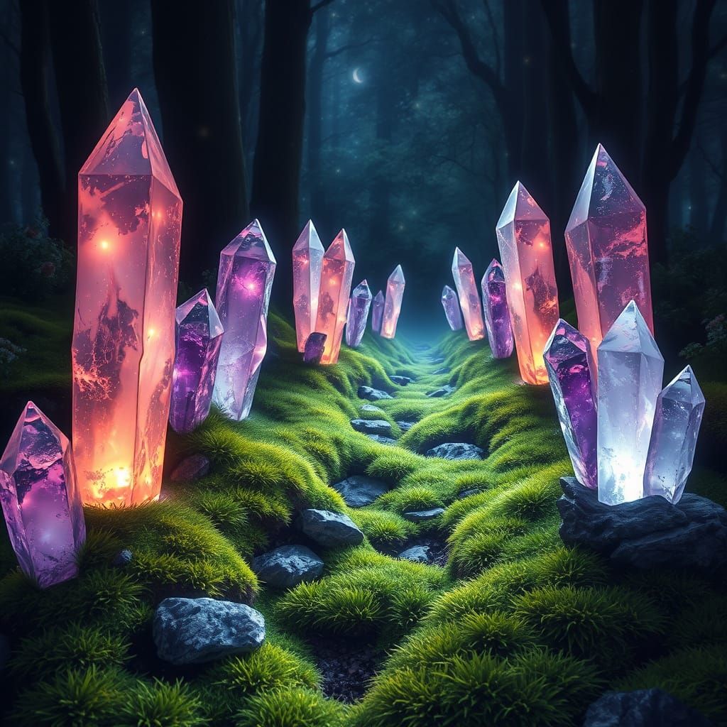 Illuminated Moss Pathway with Glowing Crystals